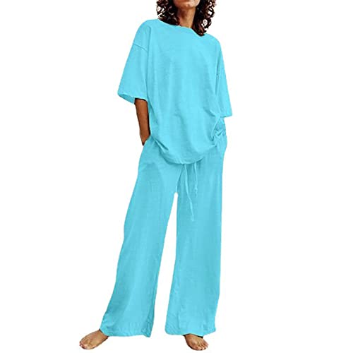 AACH befristetes angebot damen Damen Zweiteiler Sommer Set ElegantLässiges Casual Oberteile + Weites Bein Hose Mode Locker Outfit Basic Bequem Leichte Loungewear Streetwear Zweiteilige