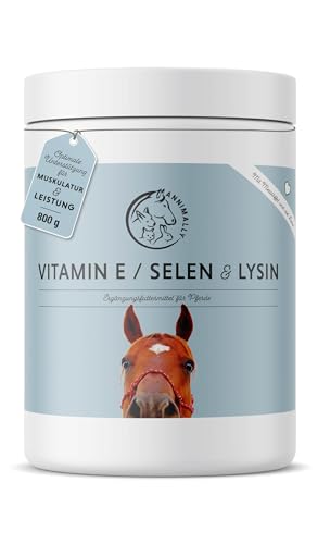 Annimally Selen, Vitamin E, Lysin Pulver für Pferde 800g - Pferd Vitamin E, Lysin, Selen Komplex zur Unterstützung der Muskulatur & Leistung - Ergänzungsfuttermittel für Pferde und Ponys