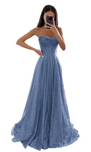 Glitzernde Pailletten Tüllkleider Damen Spaghettiträger Formelle Abendkleider Lange A Linie Partykleider Dusty Blue XS
