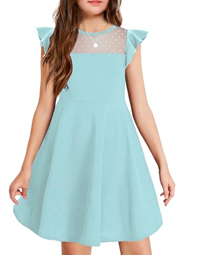 Arshiner Mädchen Sommer Kleid Rüschenärmel Partykleid Freizeitkleid Rundhals Kurzarm Festliches Kleider für Kinder Blau 150