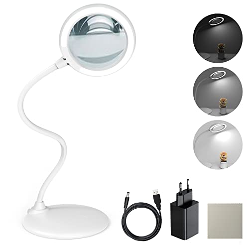DUDSOEHO 3-fache Lupe mit licht und Ständer - Handfreie Touch-dimmbare Lupe mit LED-Licht für Arbeit, Lesen, Hobbys, Nähen, Basteln (Weiß)