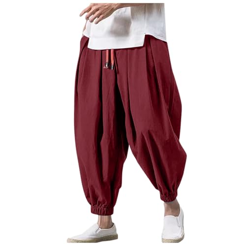 Haremshose Herren Baumwolle Leinenhose Lockere Leicht Pluderhose Elastischer Bund Sommerhose Jogging Haremhosen Sport Leinenhosen Pumphose Baggy Übergröße Harem Pants mit Taschen