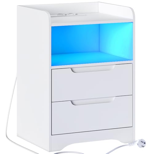 Brinlawb Nachttisch mit Steckdose und LED-Beleuchtung (2 AC-Steckdosen & 2 USB-Anschlüsse) Nachtschrank mit 2 Schubladen und 1 offenes Fach Beistelltisch Sofatisch für Wohnzimmer, Schlafzimmer, Weiß