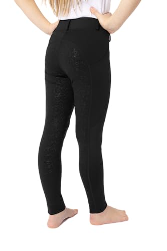 HORZE Kinder Reitleggings DEA, Reithose Mädchen, Gürtelschlaufen, Vollbesatz, Handytasche, Schwarz, 146/152