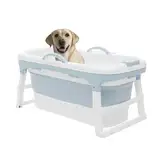 WindWilder Hundebadewanne mit Drainagerohr, Badewanne zum Waschen und Pflegen von Hunden/Katze/Haustier, Tragbar Faltbare Haustierbadewanne, 150kg/330.6 Tragfähigkeit, 120x62x54cm, Blau+Weiß