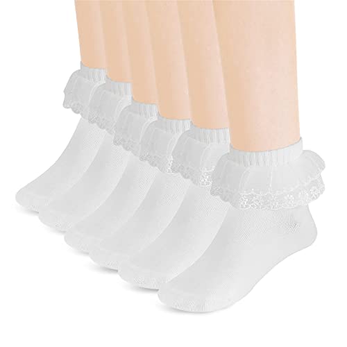 Yolev 3 Paar Mädchen Rüschen Socken Spitzen Söckchen Weiße Rüschen Prinzessin Socken Bequeme Mode Baumwoll Socken für 4-8 Jahre Mädchen