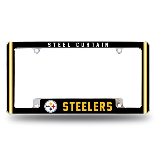 NFL Pittsburgh Steelers Steel Curtain Premium Vollfarbige, langlebige Zinklegierung, verchromter Team-Kennzeichenrahmen – 4 Schrauben-Etikettenhalter mit hervorgehobenem Teamstolz