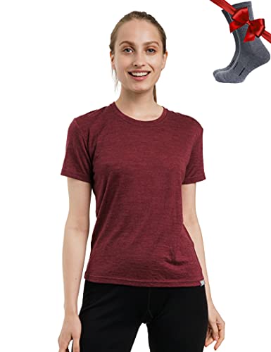 Merino.tech Merinowolle T-Shirt Damen - 100% Merinowolle Leichte Basisschicht Damen Kurzarm T-Shirt + Merinowolle Wandersocken (Small, Burgundy Crewneck)