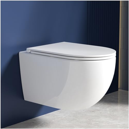 Rainsworth Hänge WC Spülrandlos Toilette - 360° Einloch Superspin Spülung Wand WC, Toilettenbecken Toilettenspülung Geräuscharm, Kloschüssel und WC Sitz mit Absenkautomatik, Weiß, 48.5cm lang