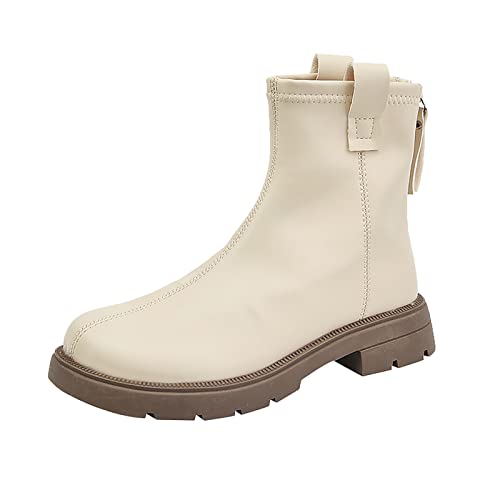 WILLBEST Mode Frauen Kunstleder Einfarbig Herbst Dicke Sohle Quadratische Absätze Reißverschluss Kurze Booties Runde Zehe Schuhe Kinder Mädchen 36 (3-Beige, 40)