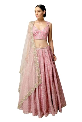TRENDMALLS Damen Satin Pailletten Stickerei Arbeit Braut Lehenga Choli mit Netz Dupatta fertig zum Tragen, peach pink, One size