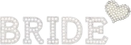 Braut Bügelbuchstaben für Textilien 6 Stück Hochzeit Aufbügeln Buchstaben Strasssteine Buchstaben zum Aufnähen Weiß Perlen Herz Bügelbilder Aufnäher für Kleidung, Hüte, Schuhe, Bastelbedarf