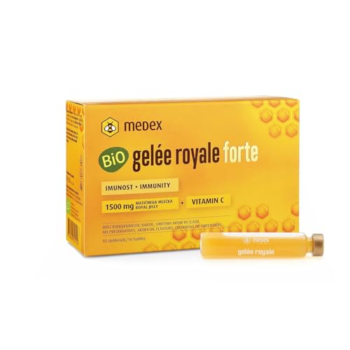 Medex Biologisches Gelée Royale FORTE, extra stark mit 1500 mg Gelee Royal, Flüssigkeit in Ampullen, leicht zu öffnen, mit natürlichem Vitamin C, aus biologischem Anbau 10 x 9 ml