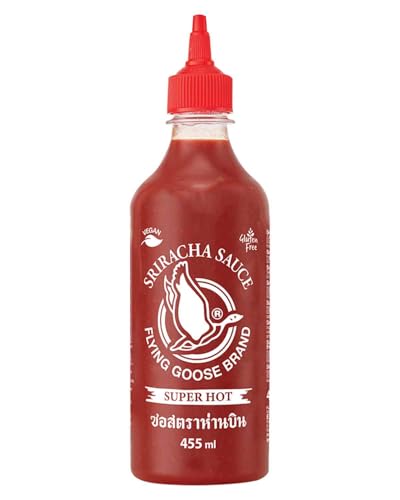 FLYING GOOSE Sriracha Chilisauce, mit extra Chili, sehr scharf, rote Kappe, sehr scharfe Würzsauce aus Thailand, 1 x 455 ml