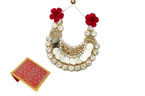 Single Golden mala Stone Mala Set for Laddu Gopal/Devi Maa/Radha Krishna/Indian Traditional God Goddess Haar Sringar Set Deities jewellary Set in Red Bag for All God Idol Statue Holi(Size:- 2 Inch)