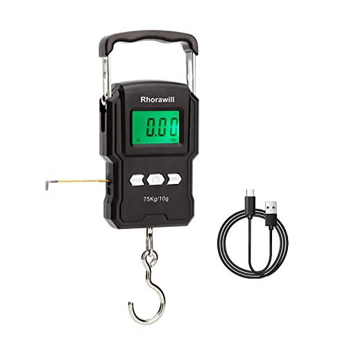 Rhorawill Digitale Kofferwaage, Wiederaufladbar, 165 lb / 75 kg Gepäckwaage Hängewaage Fishing Scale mit Hintergrundbeleuchtetem LCD-Display, Maßband, Geeignet für Reisen, Familienleben und Freien