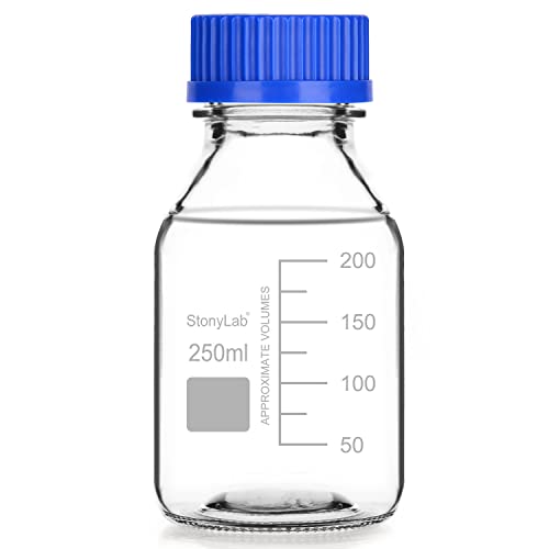 stonylab Graduierte Aufbewahrungsflaschen mit GL45 Schraubverschluss, 250 ml Glas klare Runde Laborreagenzien Aufbewahrungsflaschen mit Blauem Schraubverschluss, 1 Pack