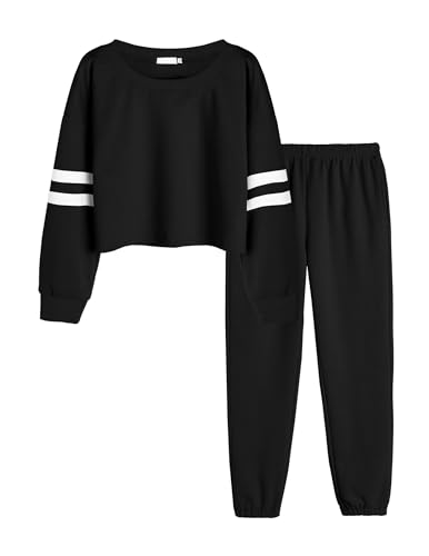 Arshiner Jogginganzug Mädchen 158 Sportsachen Sportzeug set Langarm Trainingsanzug Kinder Einfarbig 152 Tracksuit 2tlg Sweatshirt Sporthose Schwarz 160