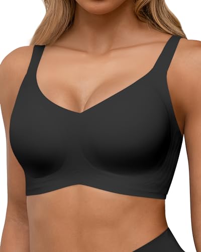 HORISUN Nahtlose BHS, vollständige Abdeckung, kabelloser Push-up-BH für Damen, Bequeme Bralettes mit V-Ausschnitt und Unterstützung (Schwarz XL)