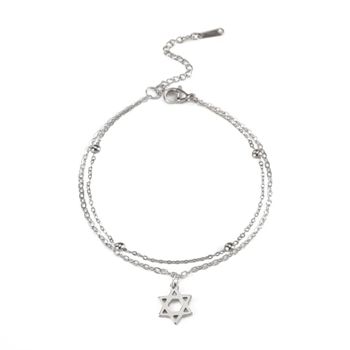 EUEAVAN Davidstern Armband jüdisch jüdisches Gebetsarmband hebräisch Judaica Fußkettchen Stern Hexagramm Anhänger Schutz Amulett Schmuck Chanukka Geschenke für Frauen (silber)