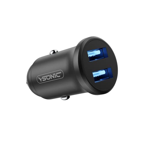 YSONIC USB-Autoladegerät für USB-kompatible Geräte wie Handy, Smartphone - Ladeadapter doppelt mit 2 USB-Buchsen - Ladestecker für Zigarettenanzünder - Wie-Eingebaut-Look, Alu, Blaue LED, 12-24V