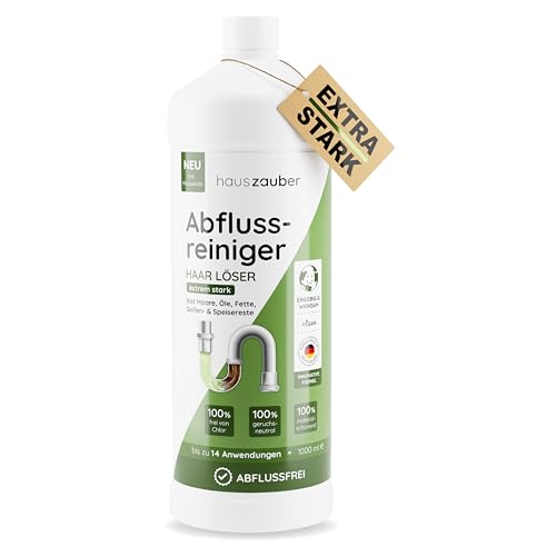 hauszauber® - Abflussreiniger [EXTRA STARK] 1000 ml - Löst Speisereste, Öle, Fette & Haare - Profi Rohrreiniger für Badewanne, Waschbecken, Dusche, Siphon, Bad und Küche - Abflussfrei & Haarweg