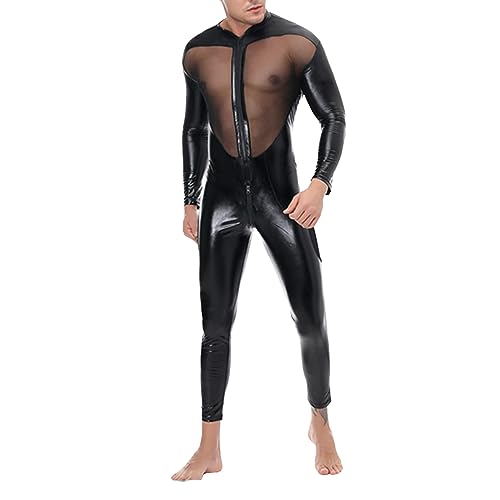 RUMAOZIA Lack Leder Catsuit Herren Wetlook Leder Overall Wetlook Bodysuit Dessous Bodysuit Slim Fit Sext Muskel Jumpsuit Männer Mesh Komplett Anzug Langarm Shirts und Lange Hose Einteiler