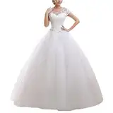 Brautkleid A-Linie Spitzen Hochzeitskleid Damen Maxi Kleider Lang Abendkleid Runde Ausschnitt Kurzarm Brautkleider,Weiss,EU46