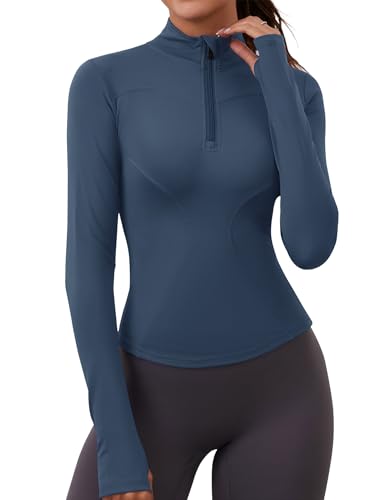 Rapbin Damen Sportshirt Langarm Gym Top Leicht Fitness Oberteil für Wandern Laufen mit Halbem Reißverschluss und Daumenloch （ Grau Blau,M）