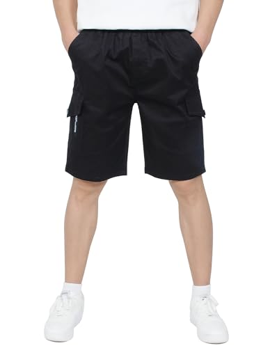 CAMLAKEE Kurze Hose Kinder Jungen Cargo Shorts Jungs Cargoshorts Sommer Kurz Arbeits hosen mit Elastischem Bund Schwarz DE: 170-176 (Herstellergröße 180)