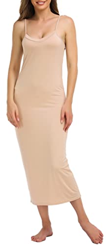 Vlazom Damen Unterkleid mit Trägern Sexy Unterröcke lang Negligee Full Slip Sommerkleid Damen Nachtwäsche(L,Beige)