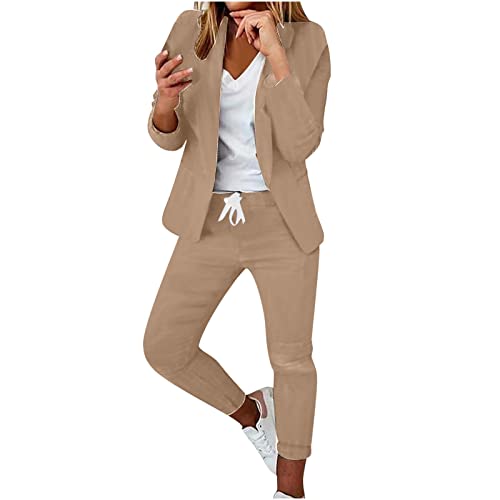 EMATOP Damen Anzug Elegant 2 Teilig Hosenanzug Langarm Business Anzug Set Zweiteiler Einfarbig Blazer Hose Lange Festlich Hosenanzüge Sportlich Slimfit Streetwear Frauen Baumwolle Freizeitanzug