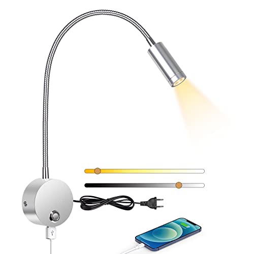 ERWEY Leselampe Wandmontage, LED Wandleuchte Bettlampe mit Schalter Touch Dimmbar und USB-Ladeanschluss, Bett Leselicht 360° Schwenkbar Schwanenhals Lampe mit Stecker und Kabel für Schlafzimmer