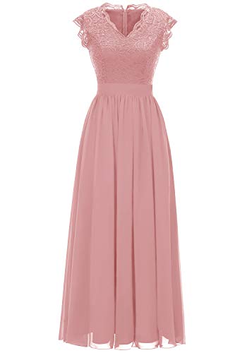 Dressystar Damen Abendkleider Elegant für Hochzeit Maxi Lang Ballkleider Chiffon Spitzen Cocktailkeider Blush L