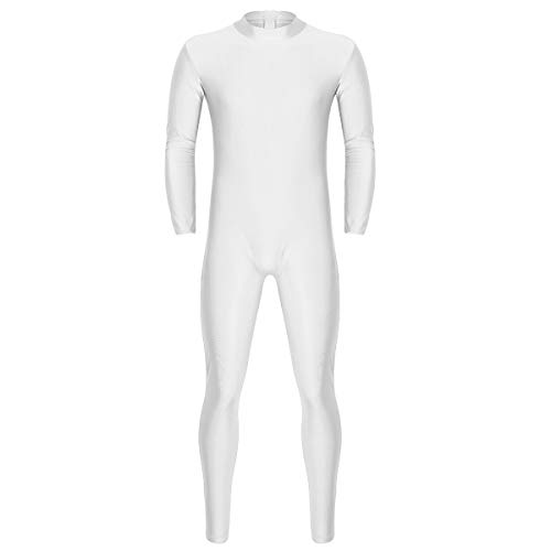 MSemis Erwachsenen Einteiler mit Reisverschluss für Männer Langarm Unterwäsche Ganzkörperanzug Stehkargen Tanzbody Turnanzug Ganzanzug Leotard Weiß L