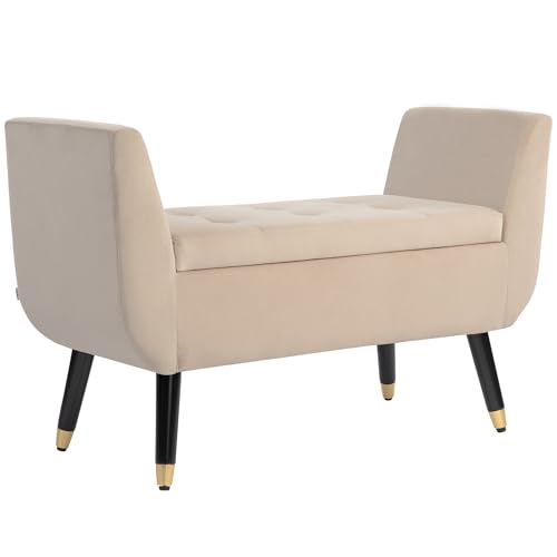 HOMCOM Sitzbank mit Stauraum Armlehnen Polsterbank mit Samtoptik, Sitztruhe mit Holzbeine, Truhenbank für Wohnzimmer Schlafzimmer Flur 107 x 42 x 65 cm, Beige