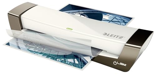 Leitz A4 Laminiergerät, Für 80 bis 125 mic Laminierfolien, inkl. Laminierhüllen Starterkit, schnelles Laminieren, ideal für den Einsatz in Büro & Schule, Weiß/Silber, iLAM, 72510084