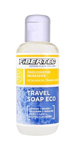 Fibertec Travel Soap Eco, biologisch abbaubare universal Reiseseife zur Körperpflege, als Geschirrspülmittel oder Bekleidungswaschmittel, 250ml