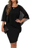 QIXING Damen Chiffon Cape Cocktialkleid Rundhals Ausschnitt Bleistiftkleid Sommerkleid Damen Knielang Elegant Abendkleid Mit Overlay Casual Bodycon Kleider (Schwarz, XL)