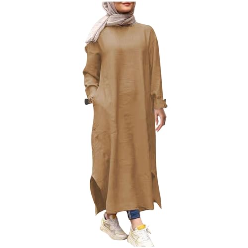 Generisch 2025 - Damen-Muslim-Langarm-Abaya-Freizeitkleid mit Knopfleiste, Dubai-Outfits Abendkleider (Beige, XXL)