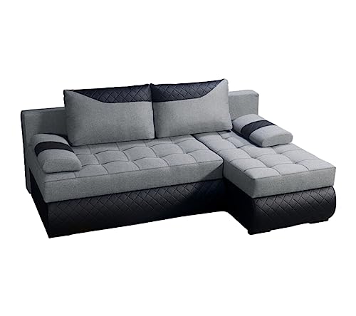 BROMARKT Ecksofa KASTELL L-Form Schlafsofa Wohnlandschaft Links/Rechts Couch, Bettkasten,Schlaffunktion,viele Farbvarianten (Rechts, Rino 88 + Madryt Pik 9100 – Grau, h80 x t141 x b200 cm)