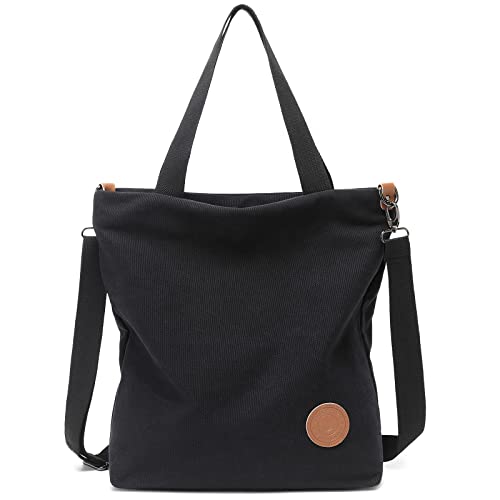 JANSBEN Damen Canvas Handtasche Schultertasche Strandtasche Casual Multifunktionale Umhängetaschen Groß für Arbeit Schule Shopper Lässige täglich (Schwarz)