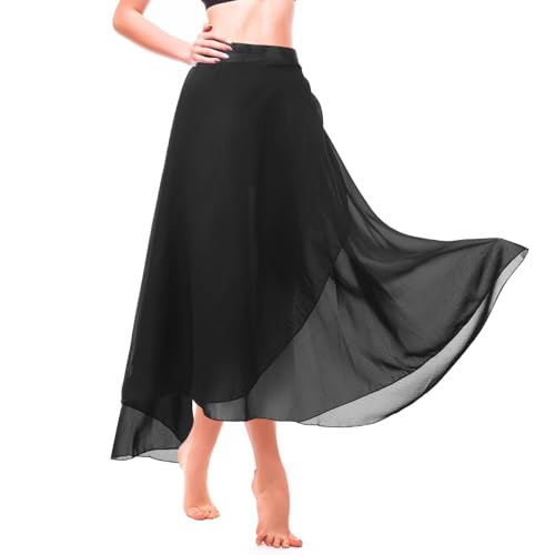 Yolev Lange Ballettrock Schwarz Ballettkleidung Damen Ballett Wickelrock Chiffon Ballettrock Damen Chiffon Tanz Wickelrock mit Verstellbarem Gürtel Gymnastik Tutu Tanzkleidung für Damen