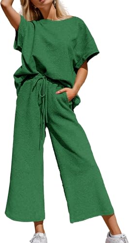 BUNSLOOM Zweiteiler Damen Outfits Sweatsuit Casual Long Sleeve Pullover Tops Drawstring Wide Leg Pants Lounge Sets