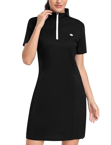 MoFiz Sportkleider Damen Tenniskleid Golfkleid Sommerkleid Baumwolle Freizeitkleider mit Reißverschlusstasche Schwarz-B S