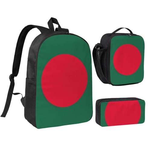 KOUUIP Rucksack mit Flagge von Bangladesch, mit Lunchpaket, Federmäppchen, 3-teilig, leichte Büchertasche, Uni für Reisen