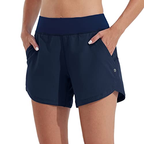 WILLIT Damen 5" Badeshorts Boardshorts UPF50+ Badehose High Waisted Schwimmshorts Badehose Schnell Trocknende UV Schutz mit Liner Taschen Navy Blau Größe 42