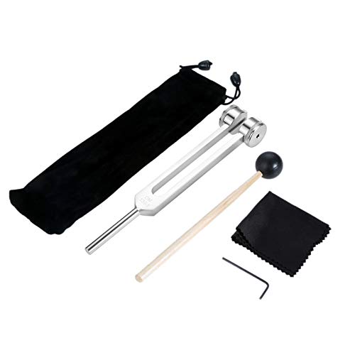 DRELD 128HZ Standard Stimmgabel mit Silikonhammer Tasche Reparaturwerkzeug Reinigungstuch Aluminiumlegierung Chakra Stimmgabel für DNA Reparatur Heilung Klangtherapie Musikinstrument (Silber)