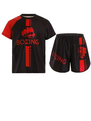 Kaerm Kinder Junge Wushu Fitness Kleidung Muay Thai Anzug Kick Boxshorts Sportbekleidung Kampfsport Kampfausrüstung Hellrot 146-152