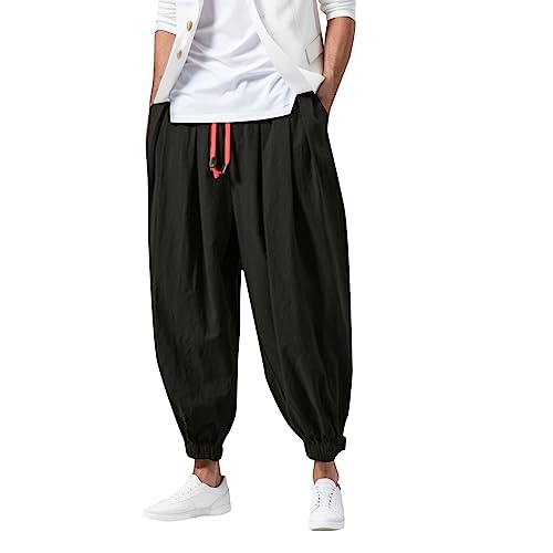 Haremshose Herren Baumwolle Leinenhose Lockere Leicht Pluderhose Elastischer Bund Sommerhose Jogging Haremhosen Sport Leinenhosen Pumphose Baggy Übergröße Harem Pants mit Taschen